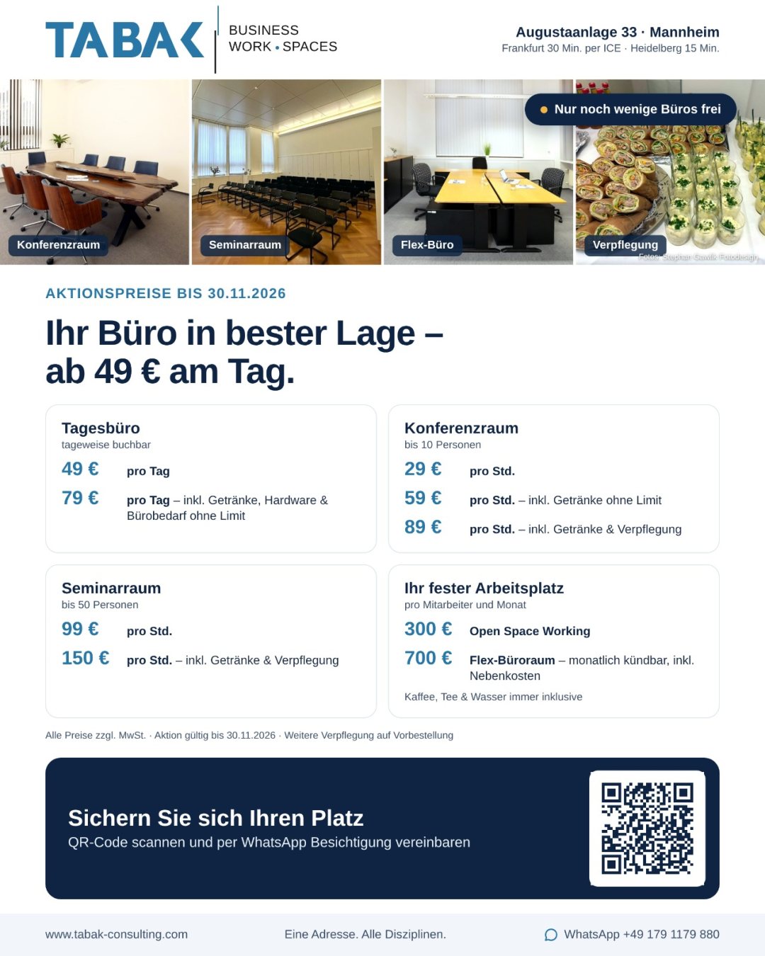 Flyer TABAK Business Work Spaces, Augustaanlage 33 Mannheim: Tagesbüro, Konferenzraum, Seminarraum und feste Arbeitsplätze, Aktionspreise bis 30.11.2026