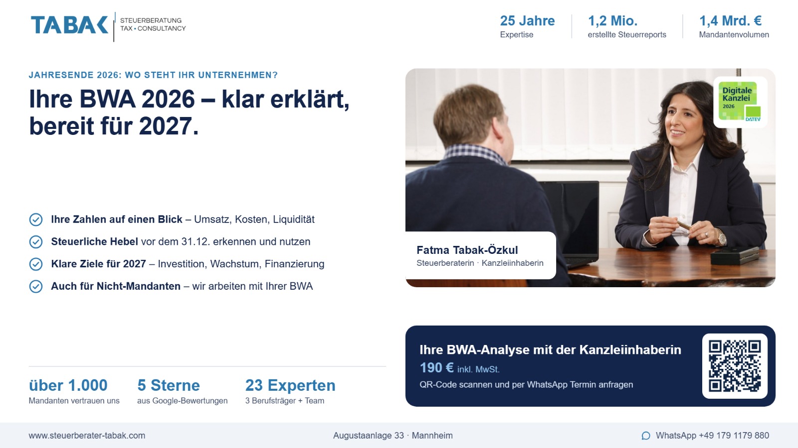 Ihre BWA 2026 – klar erklärt, bereit für 2027: Steuerberaterin Fatma Tabak-Özkul im Gespräch mit einem Unternehmer, BWA-Analyse mit der Kanzleiinhaberin für 190 € inkl. MwSt.