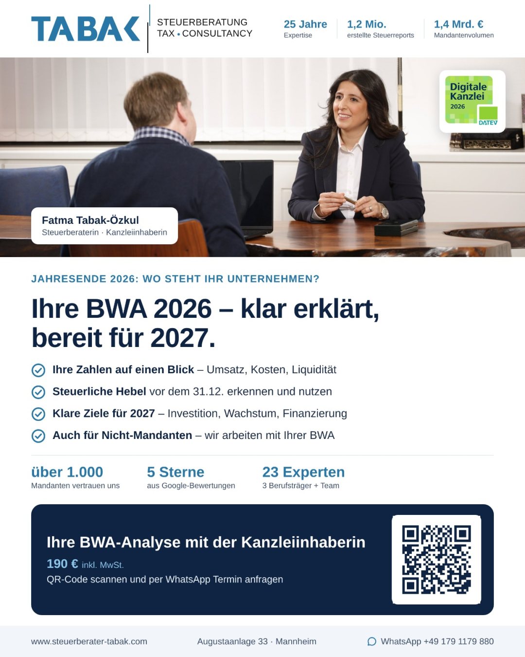 Flyer der TABAK Steuerberatung: Ihre BWA 2026 – klar erklärt, bereit für 2027. BWA-Analyse mit der Kanzleiinhaberin für 190 € inkl. MwSt.