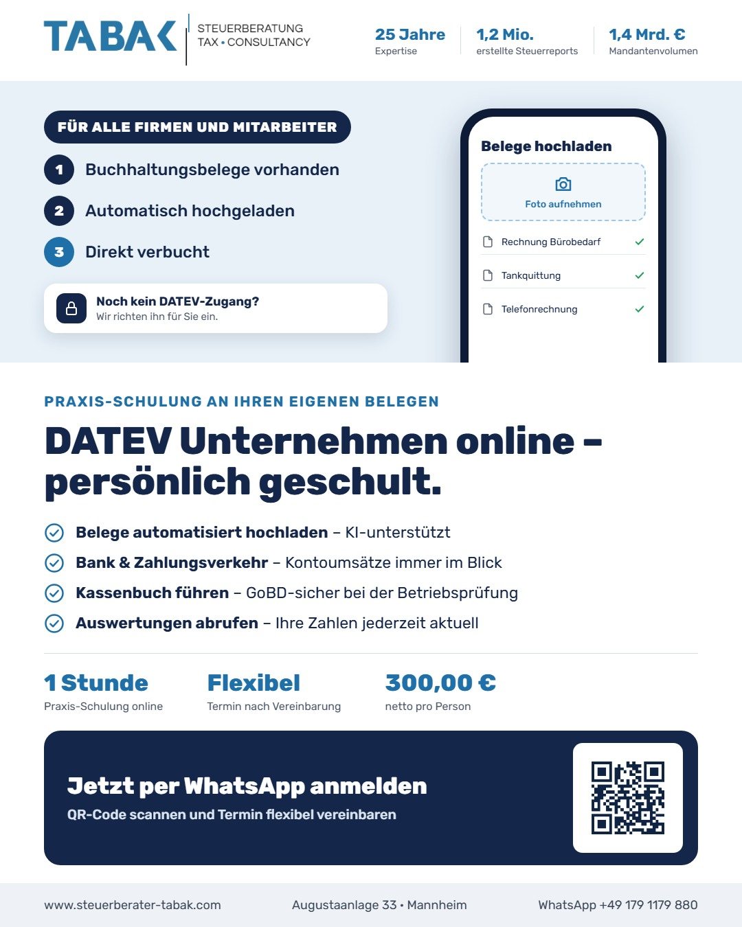 Flyer der TABAK Steuerberatung: DATEV Unternehmen online – persönliche Praxis-Schulung an Ihren eigenen Belegen, 1 Stunde online