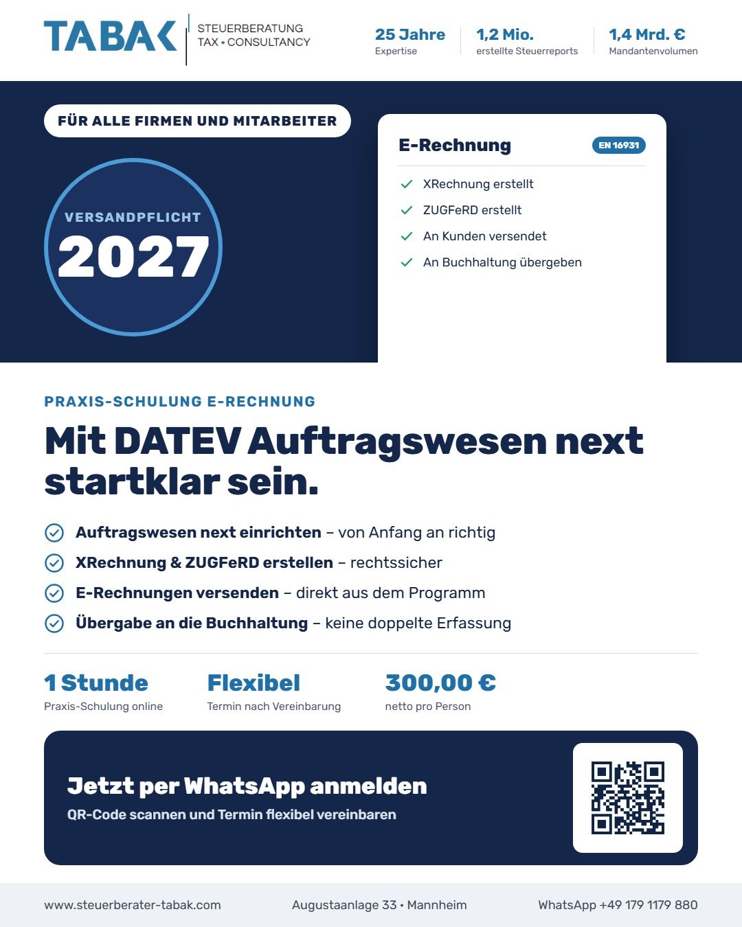 Flyer der TABAK Steuerberatung: Praxis-Schulung E-Rechnung – mit DATEV Auftragswesen next startklar sein, 1 Stunde online