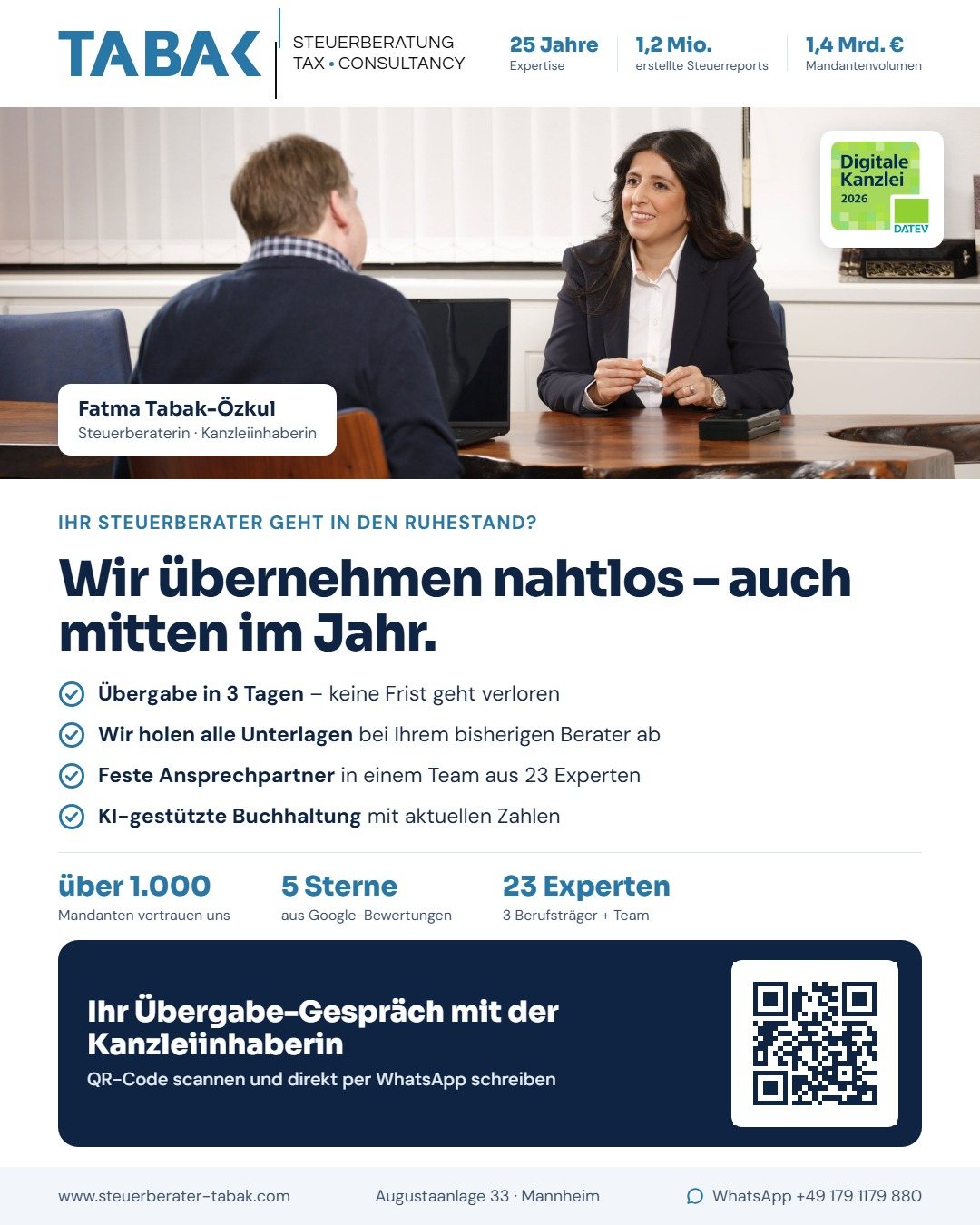 Flyer der TABAK Steuerberatung: Ihr Steuerberater geht in den Ruhestand? Wir übernehmen nahtlos – auch mitten im Jahr. Übergabe-Gespräch per WhatsApp