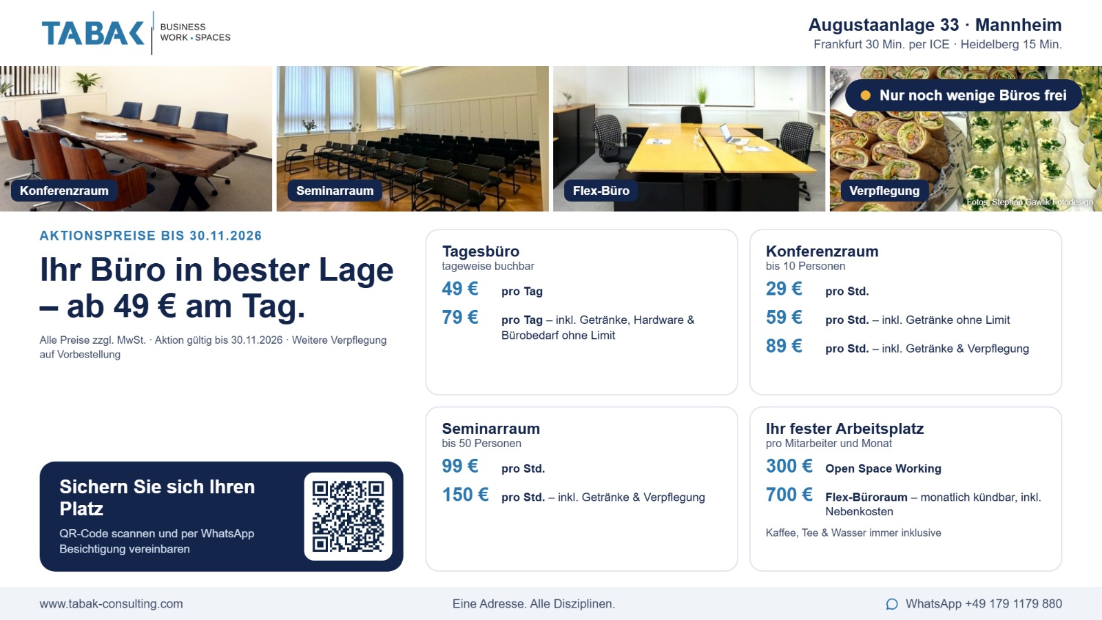 TABAK Business Work Spaces, Augustaanlage 33 Mannheim: Konferenzraum, Seminarraum, Flex-Büro und Verpflegung – Tagesbüro ab 49 € am Tag, Aktionspreise bis 30.11.2026 zzgl. MwSt.