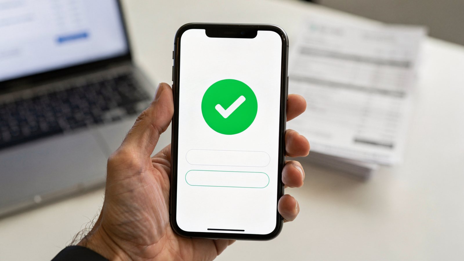 Unternehmer gibt am Smartphone vorbereitete Überweisungen frei (KI-generiertes Bild)