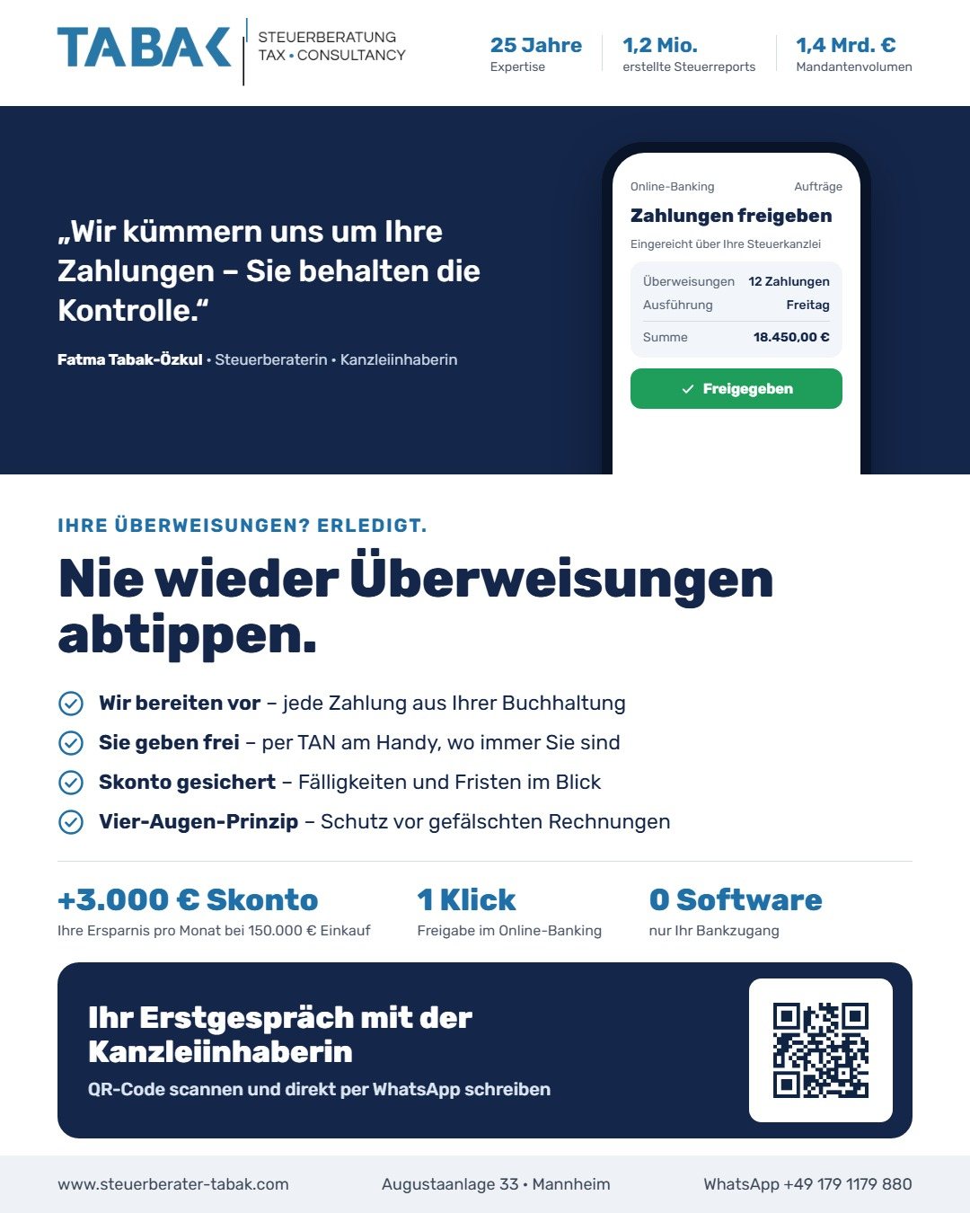 Flyer der TABAK Steuerberatung: Nie wieder Überweisungen abtippen – Zahlungen vorbereitet von der Kanzlei, Freigabe per TAN
